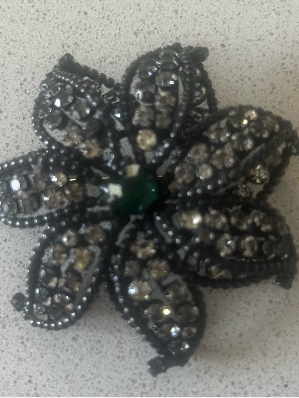 Albert Weiss Black Floral Rhinestone Brooch with Green Center